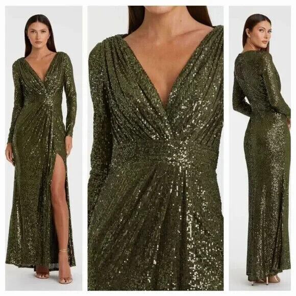 MAC DUGGAL 26490 SEQUINED LONG SLEEVE BLACK THIGH SLIT GOWN ‎ NEW